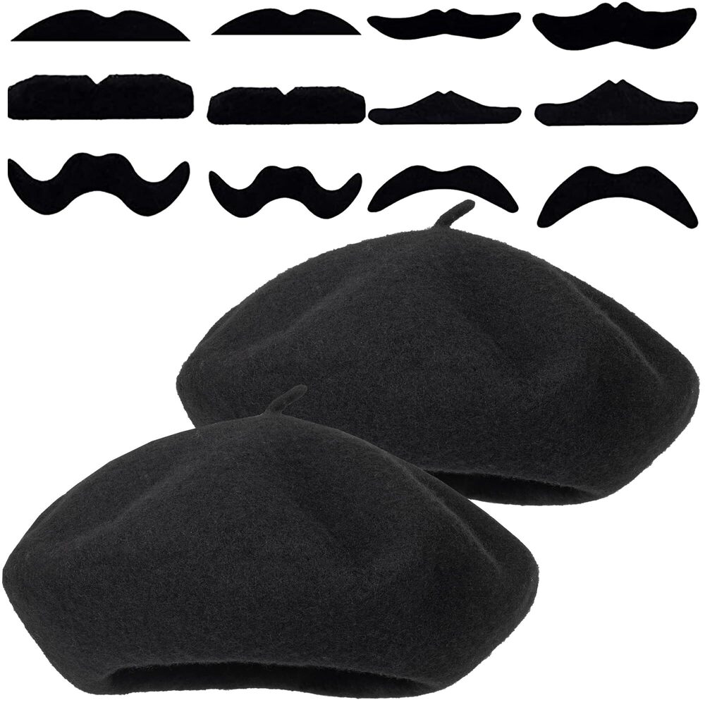 3784 2pcs French Berets For Women Men Halloween Mime Artist Costume With Fake